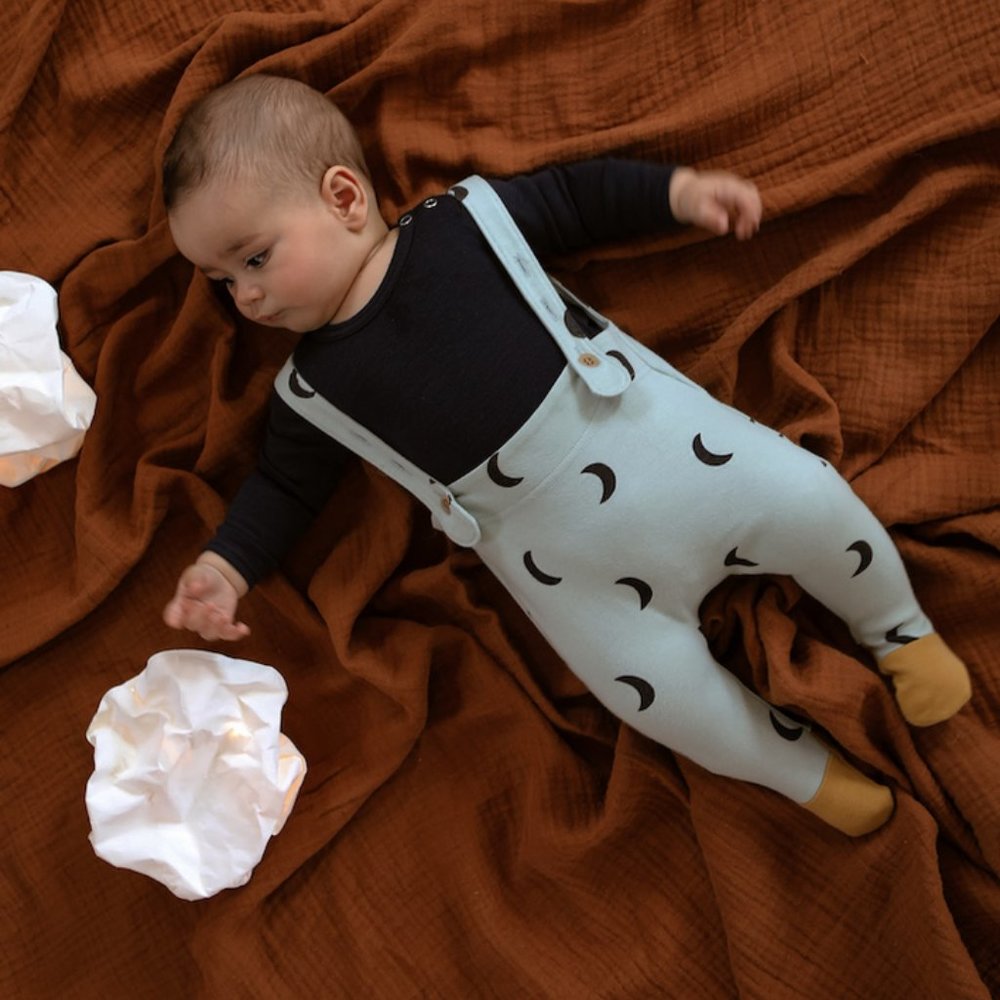 Organic Zoo Baby Footed Overall Pants in Blue Moons - Unisex, 3 to 6 Months